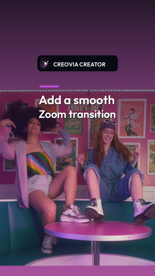 Two friends in a diner on the Creovia Creator Zoom transition tutorial cover